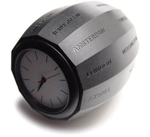 Very simple barrel-shaped world time clock with cities written on the 12 sides