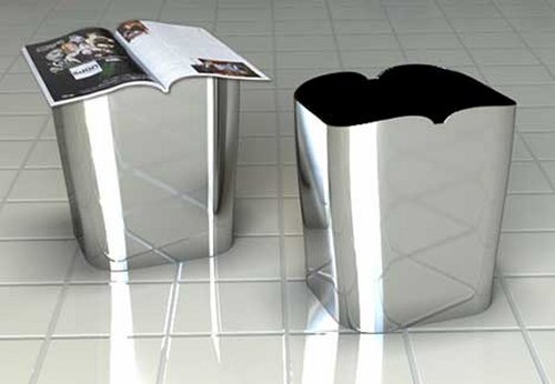 Snowtone wastebasket concept has a top shaped to hold a magazine
