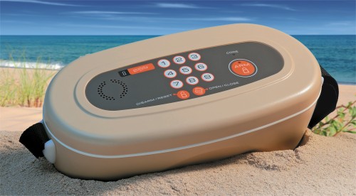 Yelpie portable safe has motion alarm and can go with you to the beach