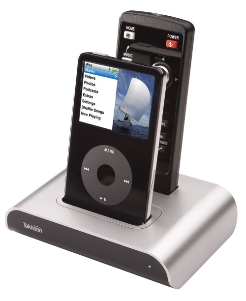 Tekkeon NavDock ND2000 Home Media Center for iPod connects to a television with on-screen navigation