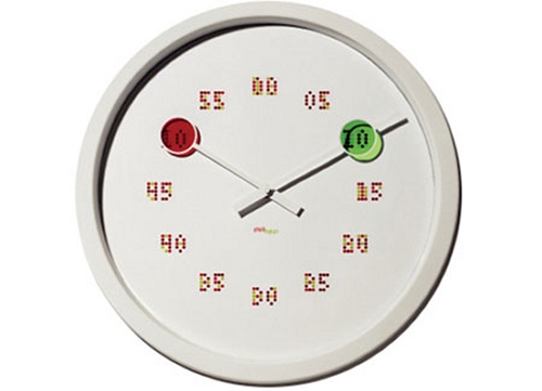 Seeing Double Clock has hours and minutes in the same place, identified by colors