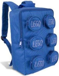 The LEGO Brick backpack holds schoolbooks, LEGOS