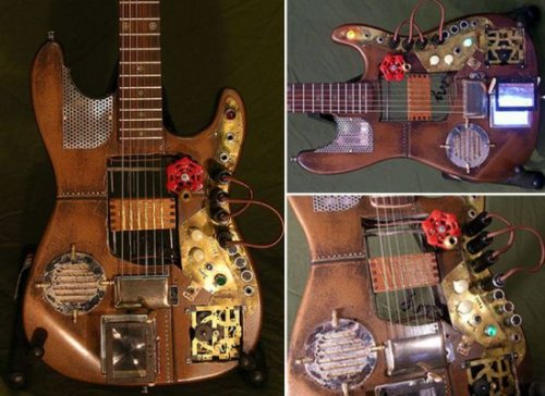 Steampunk guitar with clockwork gears, a lot of brass