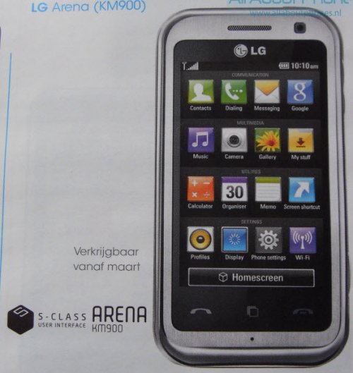 LG Arena KM900 touchscreen phone pics and specs
