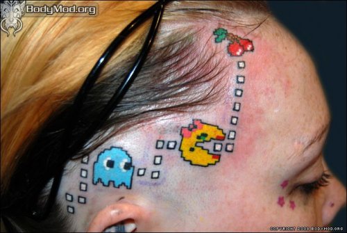 tattoos on head. Ms. Pacman Head Tattoo.