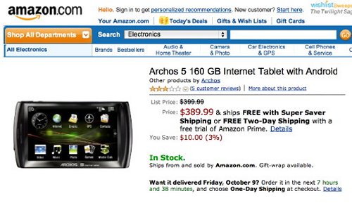 Archos 5 Tablet with Android now available from Amazon