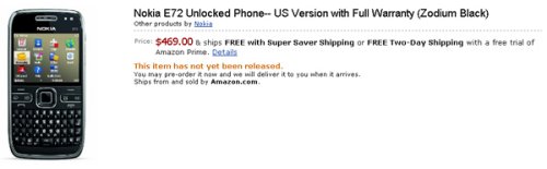 Pre-order your Nokia E72 at Amazon