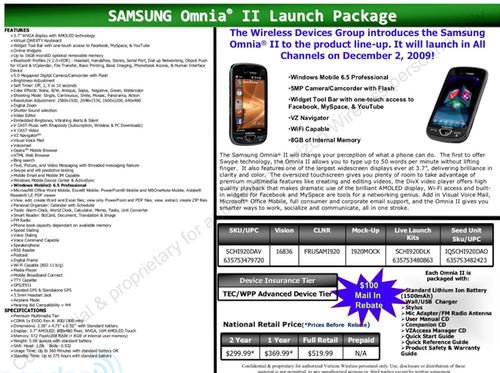 Samsung Omnia II launching December 2 for $200