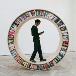 Circular walking bookshelf for literary human hamsters